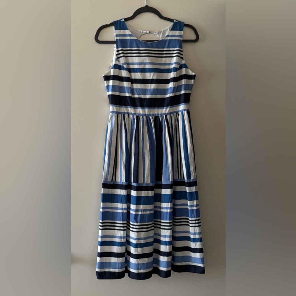 Feminine blue striped Vince Camuto fit and flare dress